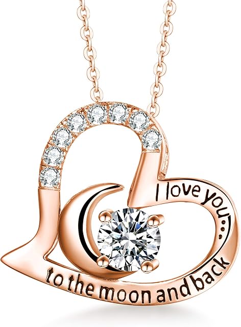 T400 Sterling Silver Necklace I Love You to The Moon and Back White Cubic Zirconia Heart Pendant Jewellery Gifts for Women Wife Girlfriend Her Birthday Valentines