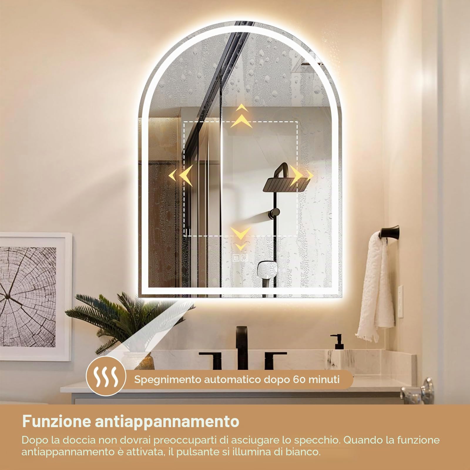 Specchio da bagno a LED arcuato con illuminazione - sensore touch, dimmerabile, antiappannamento, 3 modalità di colore, regolabile, design moderno, 60 x 80 cm