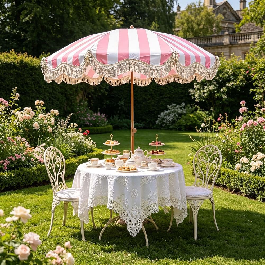 Sombrilla de jardín de 200 cm a rayas rosas, sombrilla de playa boho con flecos, inclinable y altura ajustable, UPF 50+, para piscina, patio, terraza