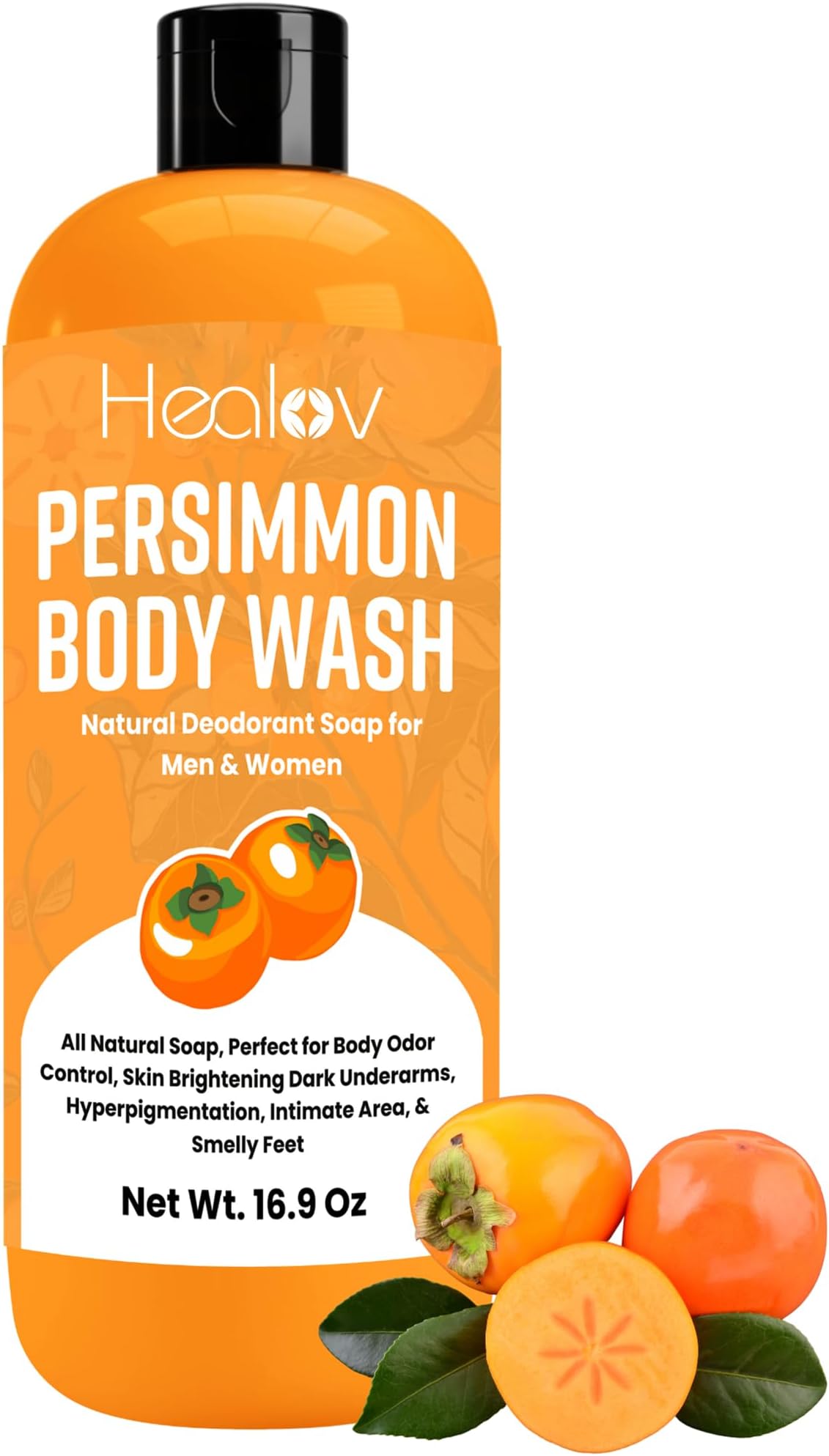 Healov Persimmon Body Wash for Body Odor Control – Natural Deodorant Soap for Eliminating Odor – Underarms, Intimate Inner Thigh, Bikini Area, Smelly Feet – Purifying Deodorizing Soap, Kids Safe