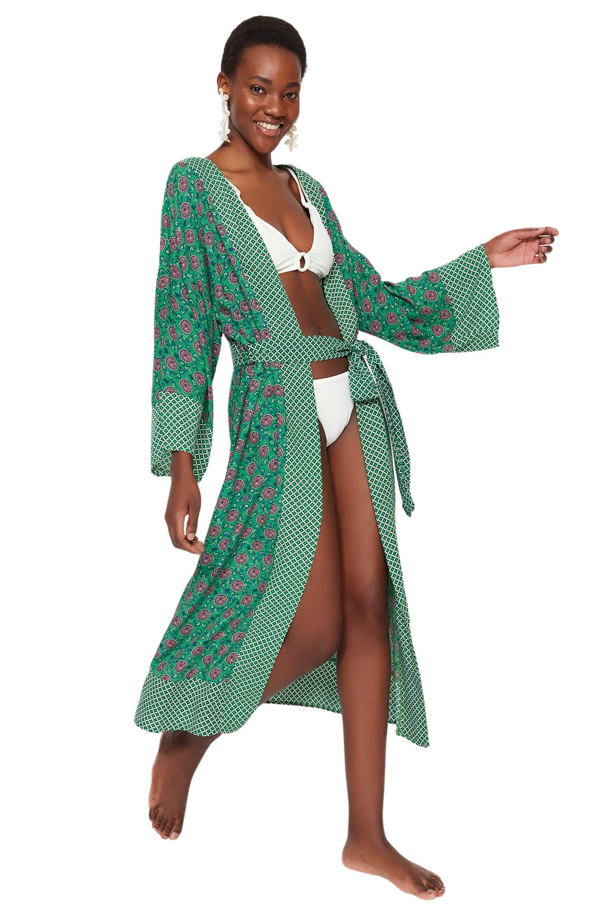 Trendyol Kaftan kimono z kwiatowym wzorem Kobiety Kaftan kimono z kwiatowym wzorem