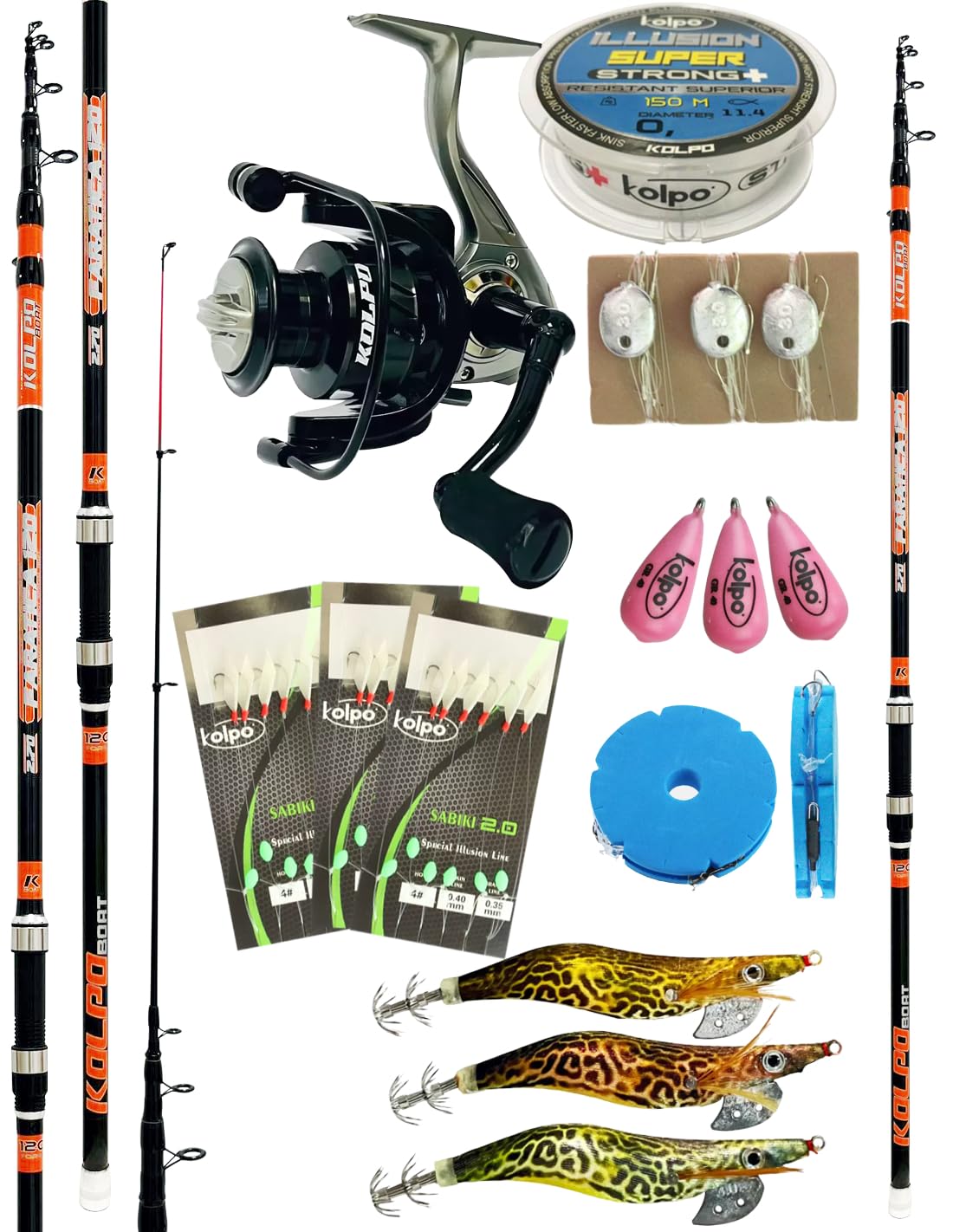 kolpo combo da pesca dalla barca PROFESSIONALE con canna telescopica + mulinello + filo + 3 lenze pronte sabiki + 3 piombi + 3 montature 3 ami + lenza professionale con ami + 3 totanare