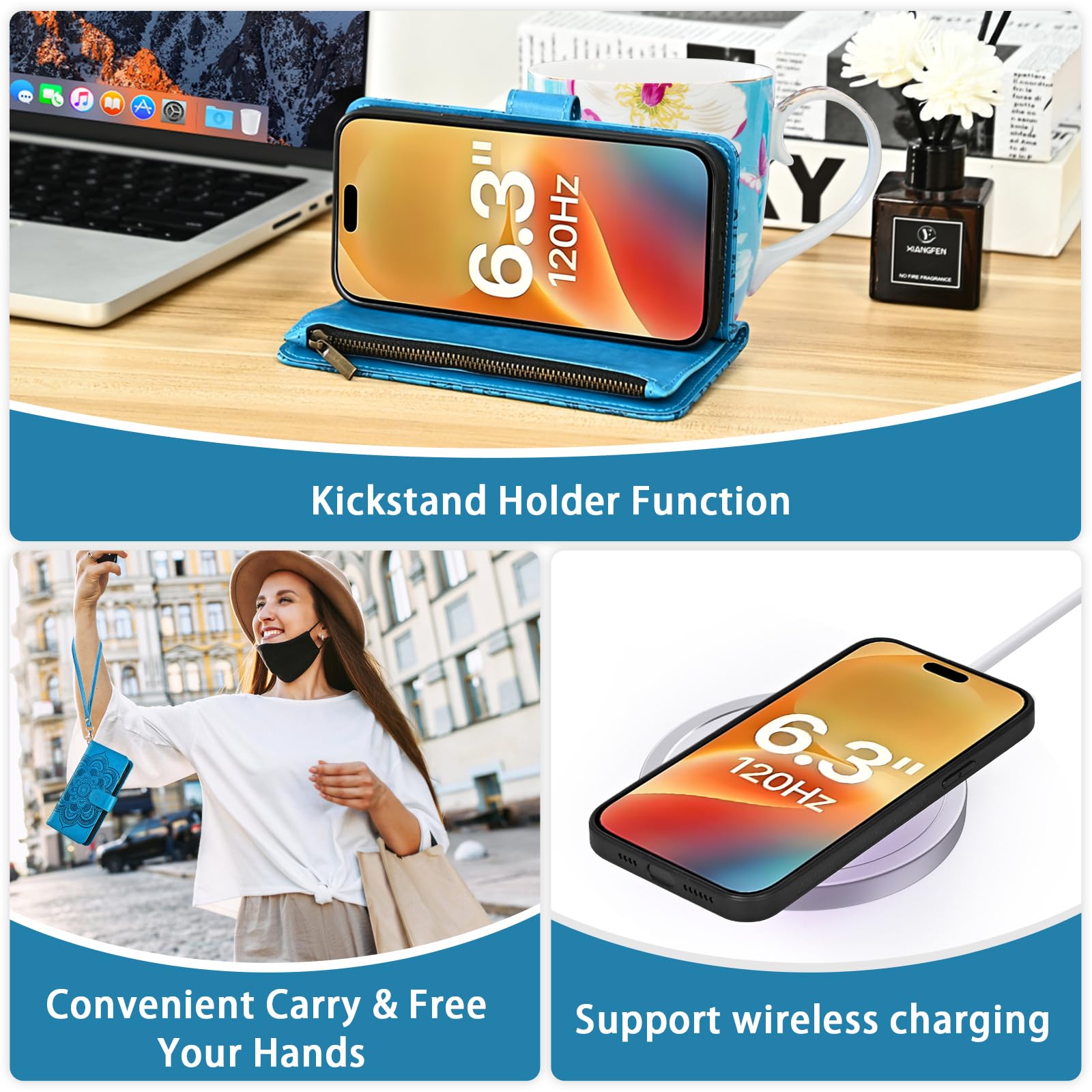 Asuwish Custodia per iPhone 17 da 6,3 pollici Portafoglio con cerniera staccabile con protezione dello schermo in vetro temperato Crossbody Strap Flower Flip Card Holder TPU i Phone17 i17 17Case Donne
