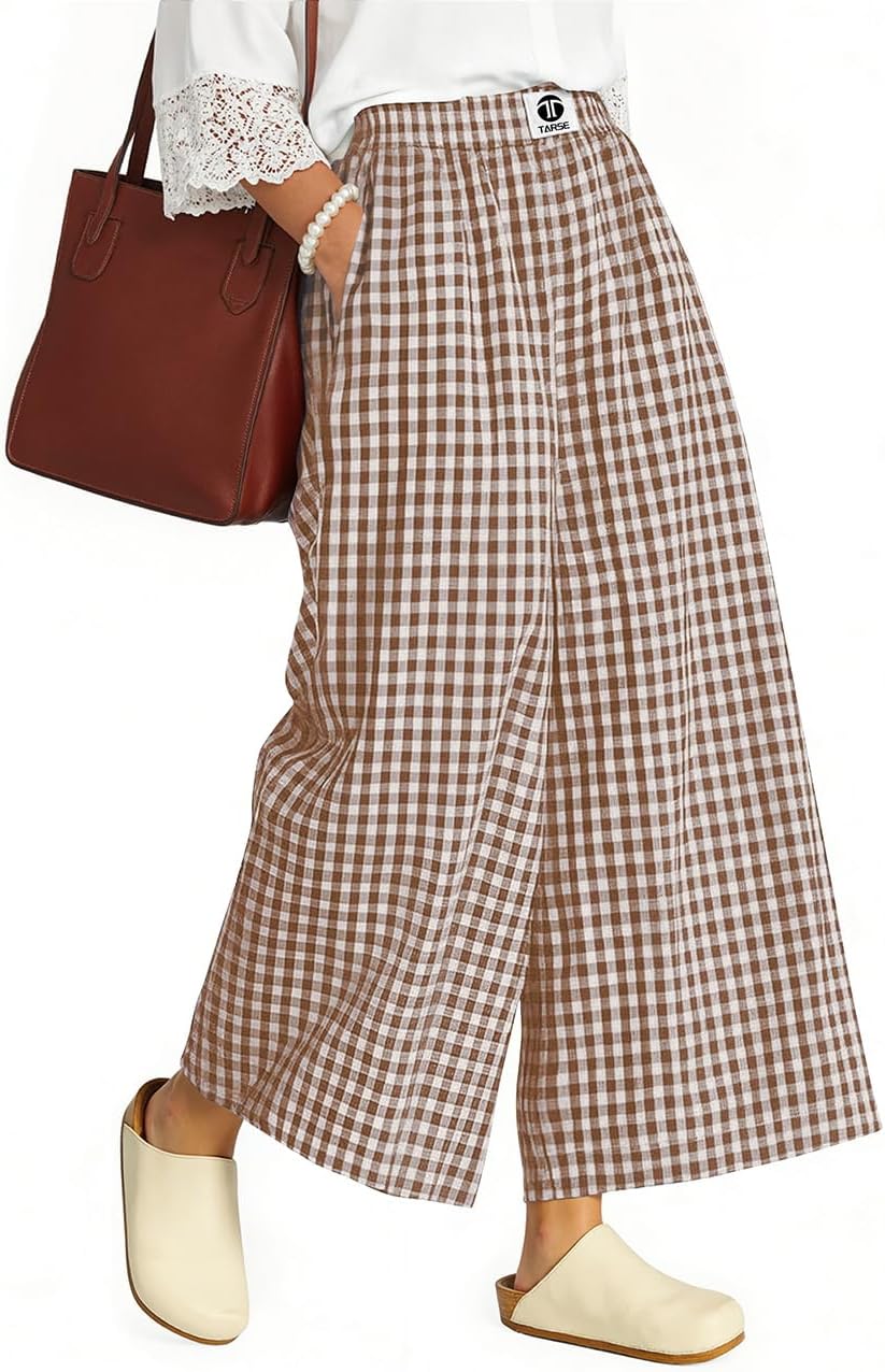 TARSE Women's Gingham Plaid Wide Leg Cropped Palazzo Pants - Breathable Elastic Waist Culottes with Pockets