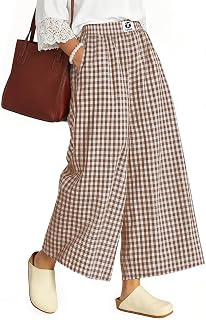 TARSE Women's Gingham Plaid Wide Leg Cropped Palazzo Pants - Breathable Elastic Waist Culottes with Pockets
