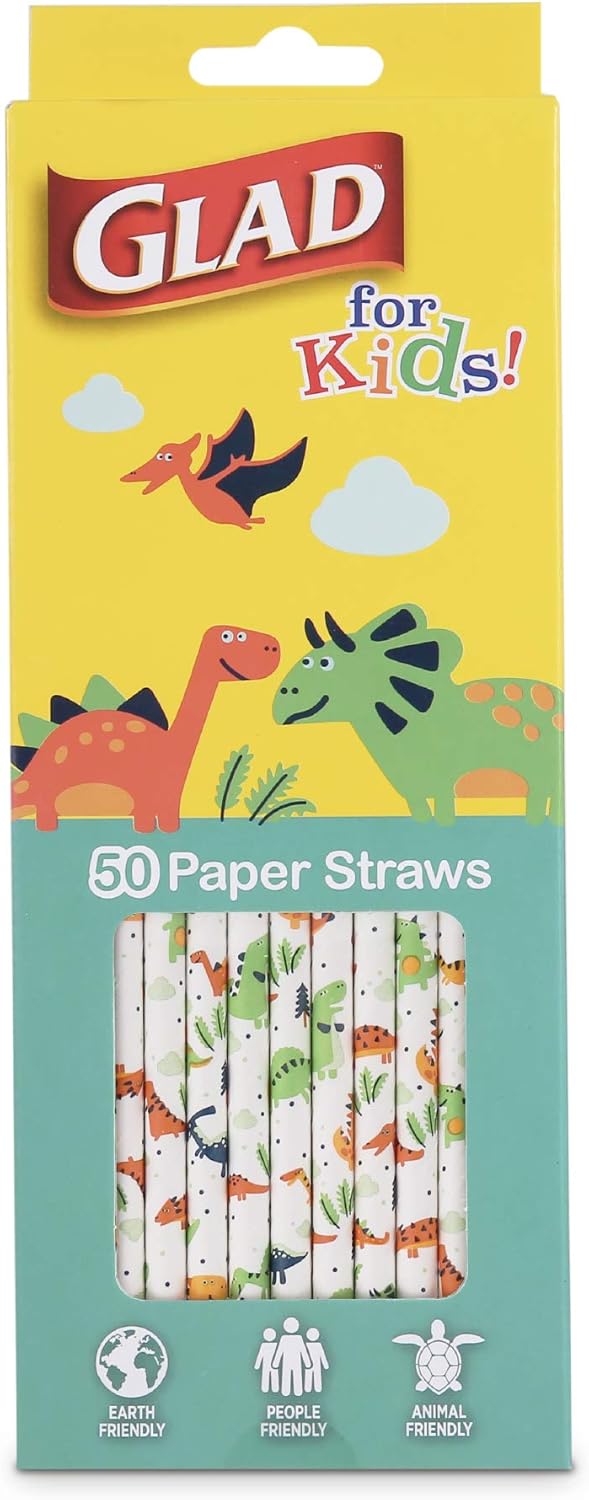 Glad for Kids Paper Straws Dinosaur White Paper Straws