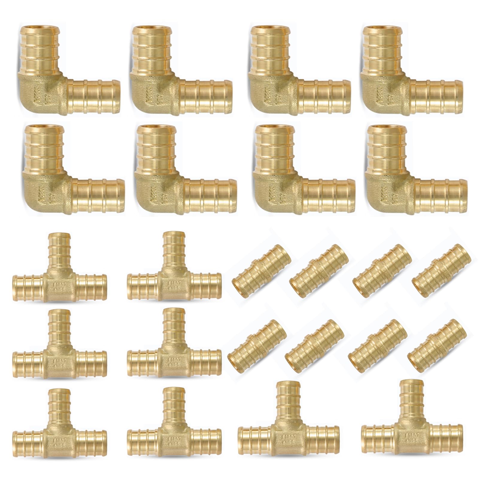 Accesorios PEX (24 Piezas), Codo de 90 Grados (8) + te (8) + Acoplamiento Recto (8), Conjunto de Accesorios de engaste de latón para conexión de tuberías PEX, ASTM F1807