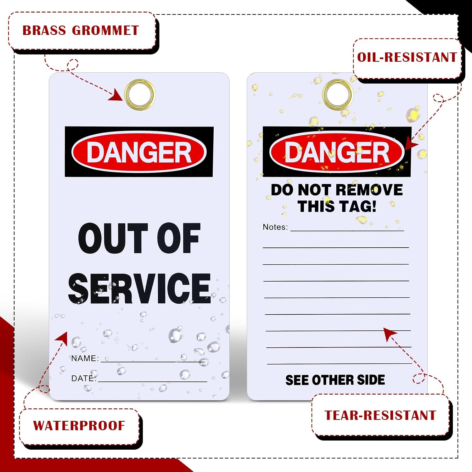 Affrolling 50 Pack Danger Out of Service Tags - 3.25" Length x 6" Width x 0.02'' Thickness Double-Sided Do Not Remove Lockout Tag with White Cable Zip Ties & Pen for Industrial Facilities