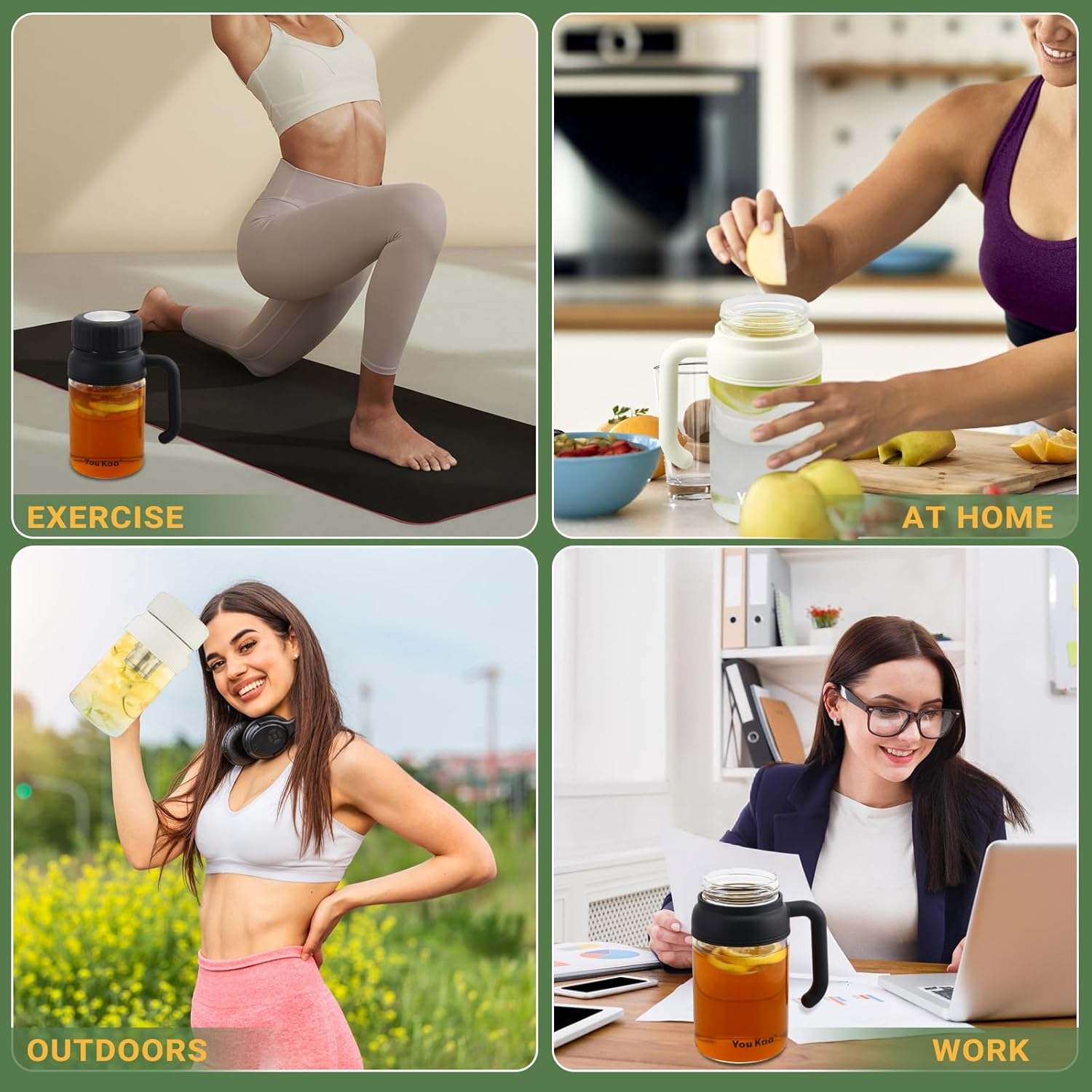 32oz Glass Water Bottle, Tea Bottle with Infuser & Handle, BPA-Free Leakproof Wide Mouth Large Tea Infuser cup for Hot or Cold Drinks, Loose, Fruit (White) - Image 4