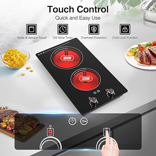 Miniatura 7 de VBGK Cocina eléctrica de 2 quemadores, 3000 W integrada y encimera con 9 niveles de calefacción, temporizador y bloqueo de seguridad para niños,