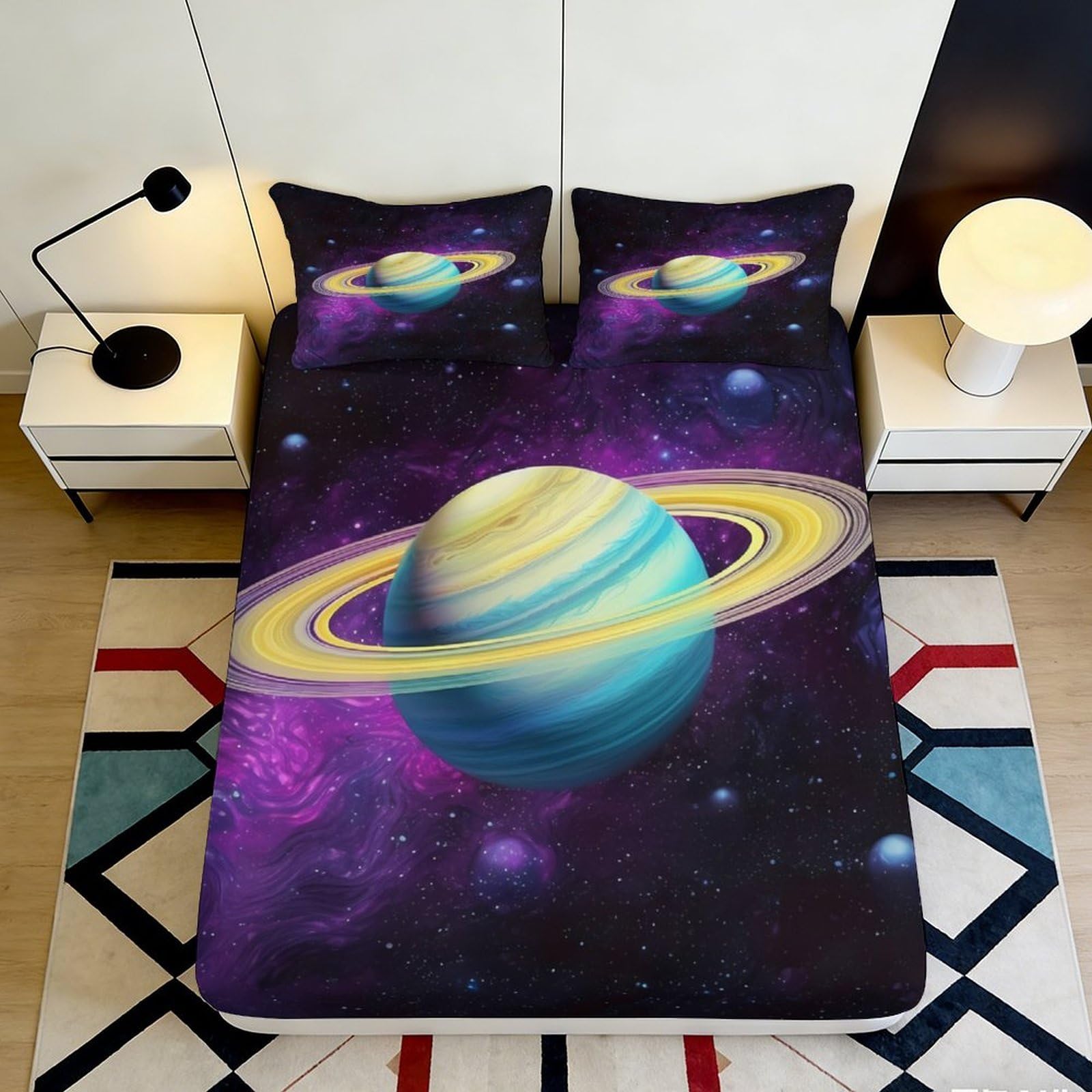 3D Printed Saturn Planet Fitted Sheet Microfiber Soft Purple Cosmic Nebula Mattress Cover for Bedroom Decor 90x200x25cm