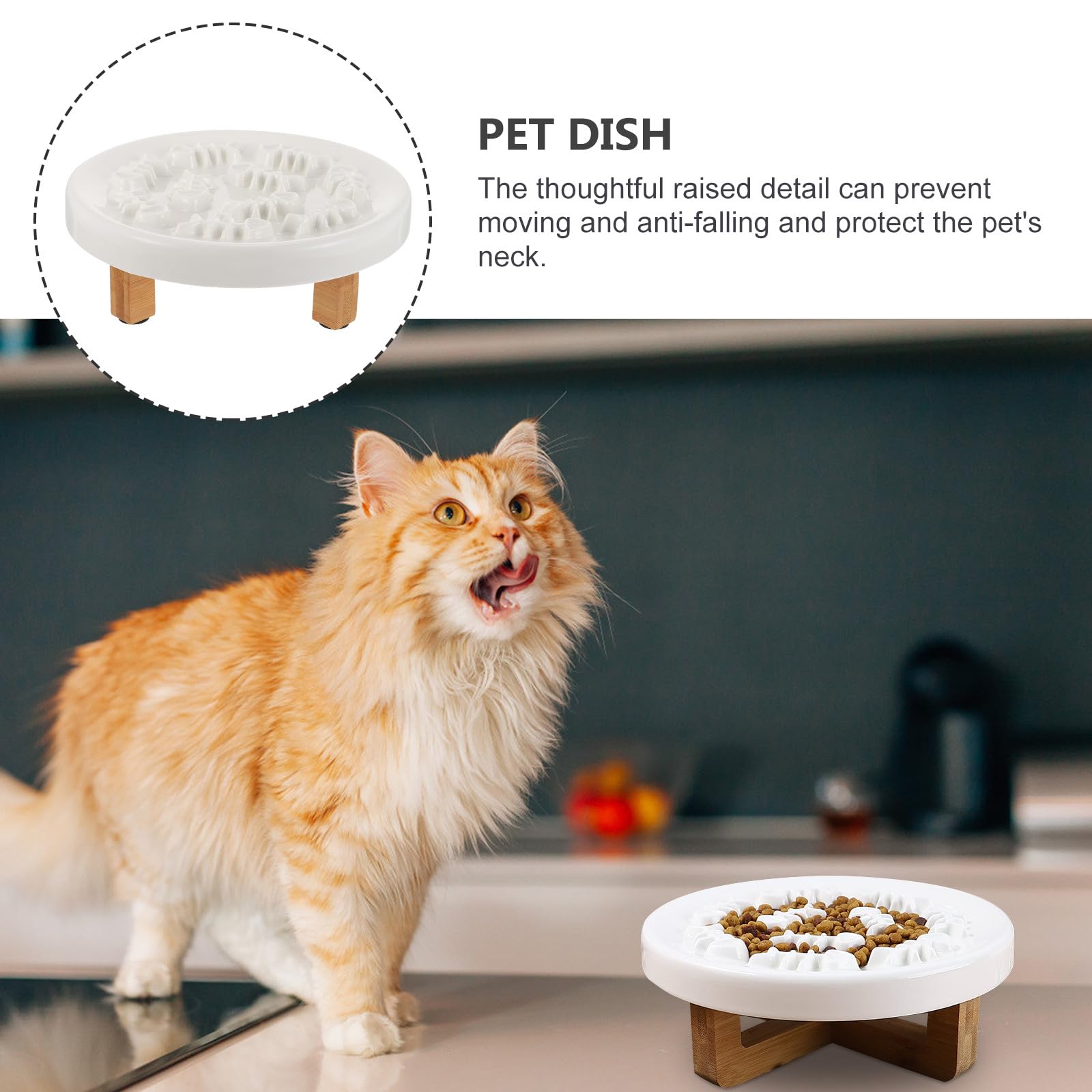 UKCOCO Juego de Comedero Lento Elevado para Mascotas con Base de Madera y Cerámica, Adecuado para Perros Pequeños y Gatos, Previene el Estrés al Comer