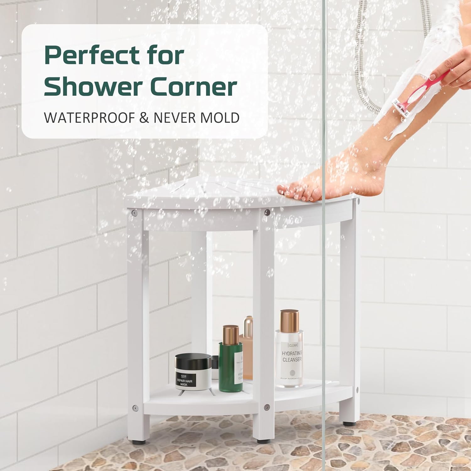 Waterproof Corner Shower Stool for Inside Shower, Poly Lumber Shower Bench Seat Chair, Bath Shower Stool for Shaving Legs Foot Rest with Storage Shelf, Adjustable & Non-Slip Feet, White