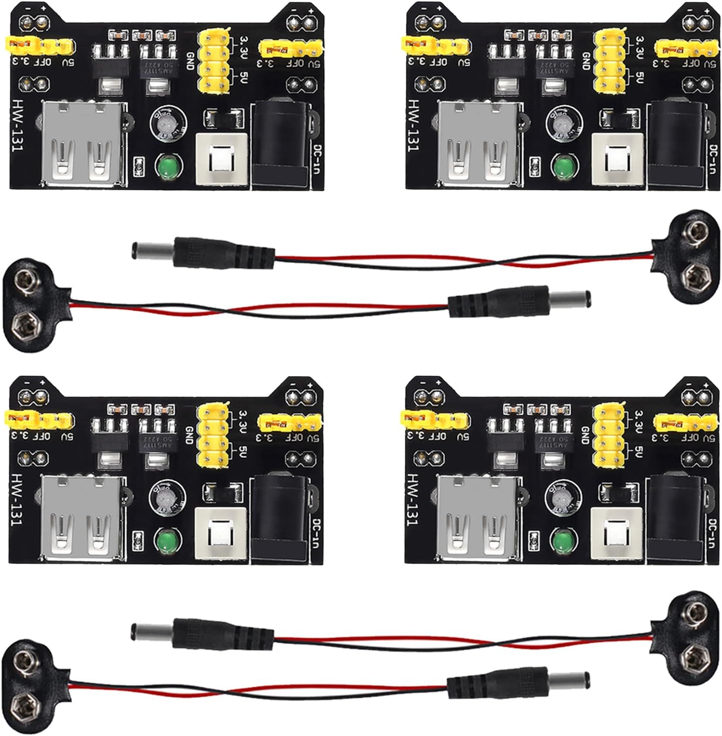 AEDIKO 4pcs MB102 Solderless Breadboard Power Supply Module 3.3V/5V with 4pcs 9V Battery Clip Buckle T-Type Power Cable Male 2.1MM DC Jack Plug