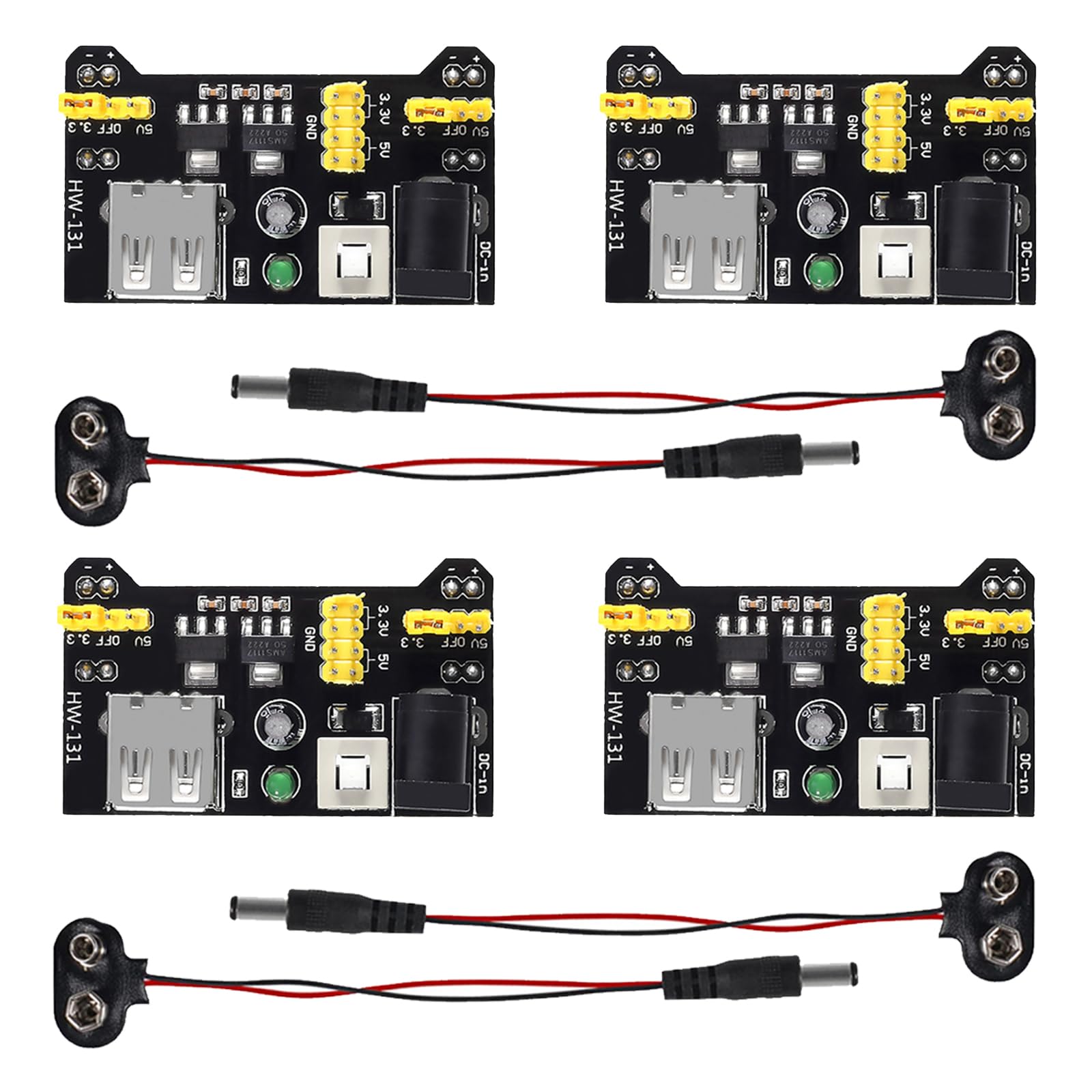 4pcs MB102 Solderless Breadboard Power Supply Module 3.3V/5V with 4pcs 9V Battery Clip Buckle T-Type Power Cable Male 2.1MM DC Jack Plug