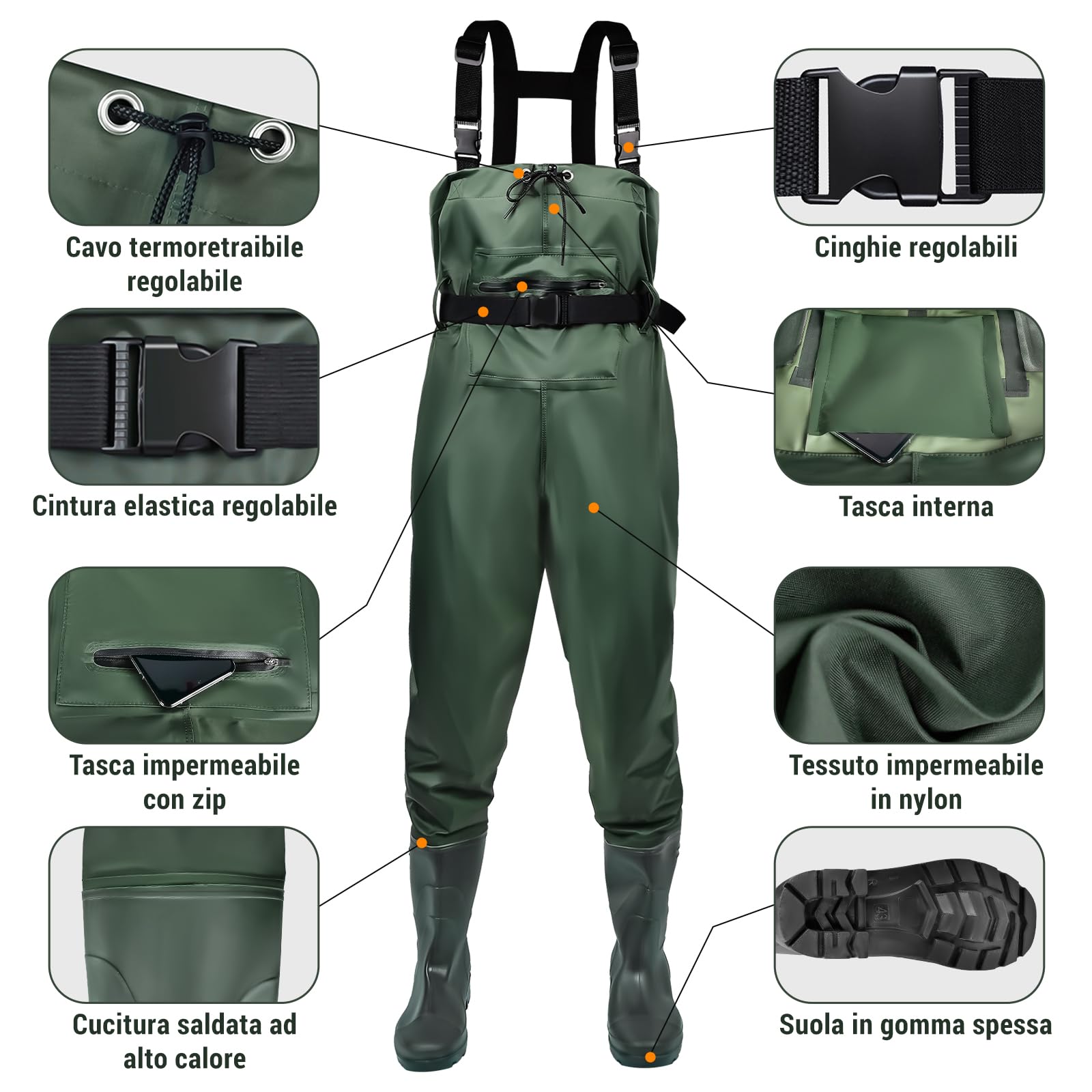 IEEILULU Waders Pesca da Uomo, Waders da Uomo con Stivali da Pesca 40-47, Waders Trampolieri da Pesca Nylon Pantaloni Impermeabili Antiscivolo Regalo per Amanti Pesca Sportiva