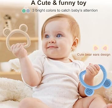 JoyPlus 3 PCS Teething Toys for Baby, Silicone Teether Teething Ring for Babies, Teething Relief Chew Toys, Bear Baby Teething Toy 3-12 Months, Newborn Essentials for Teething Relief, BPA Free