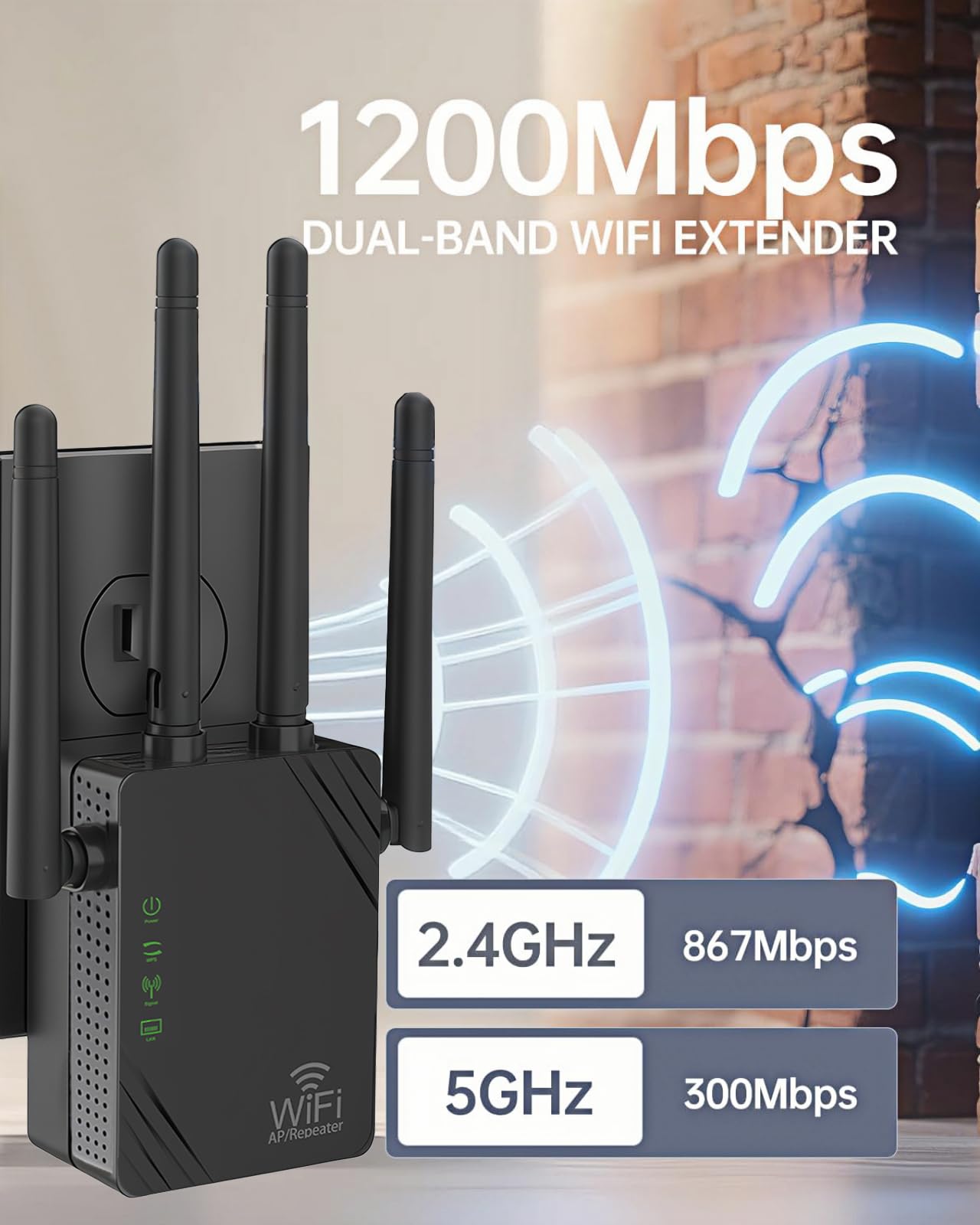 AILKIN Amplificatore WiFi a Doppia Banda 5GHz/2.4GHz, Amplificatore WiFi, Amplificatore segnale Wi-Fi Extender, Copre 12880 Sq.ft, Supporta 105 dispositivi, Amplificatore segnale wireless per casa