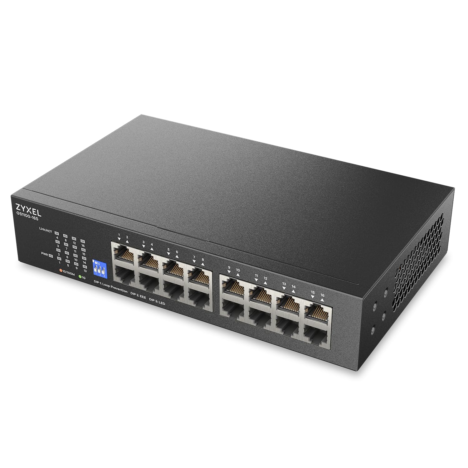 Zyxel 16-Port Netzwerk Switch | Unmanaged Gigabit Ethernet Switch | 16x GbE Ports | Umschaltbarer DIP | Lüfterlos | Wand- und Rack-Montagesätze im Lieferumfang enthalten | GS1100-16S