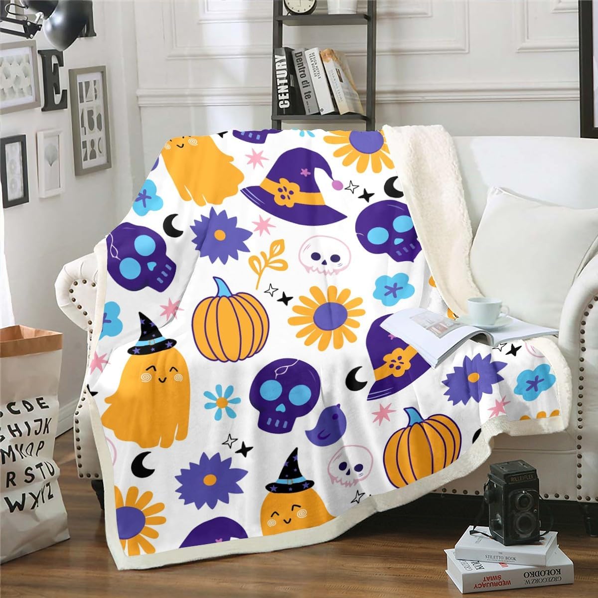Feelyou Cartoon Pumpkin Fuzzy Blanket for Sofa Bed Couch Floral Skull Ghost Sherpa Blanket Decoration Kids Boys Girls Happy Halloween Sherpa Blanket Orange Purple,Twin 60x80 Inches