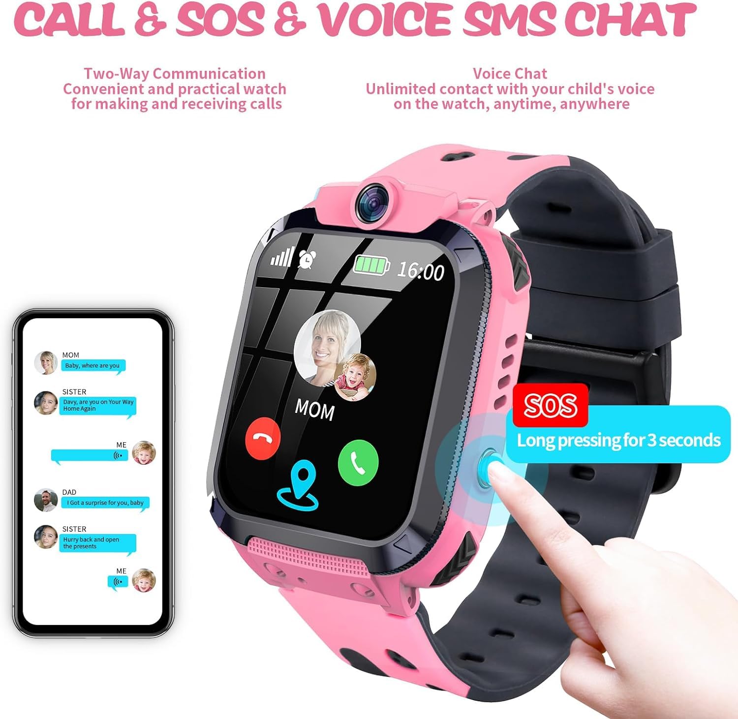 Reloj Inteligente Niños con Llamand Bidireccional, SOS, Calculadora, Alarma, Cámara, Juegos Reloj Inteligente de Moda para Niños de 4 a 12 Años y Niñas Regalo (Rosa)
