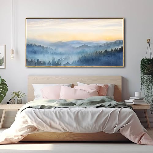 Miniatura 2 de Decoración para el hogar, arte de pared de montaña, obra de arte con marco grande azul para sala de estar, dormitorio, oficina, decoración de pared,