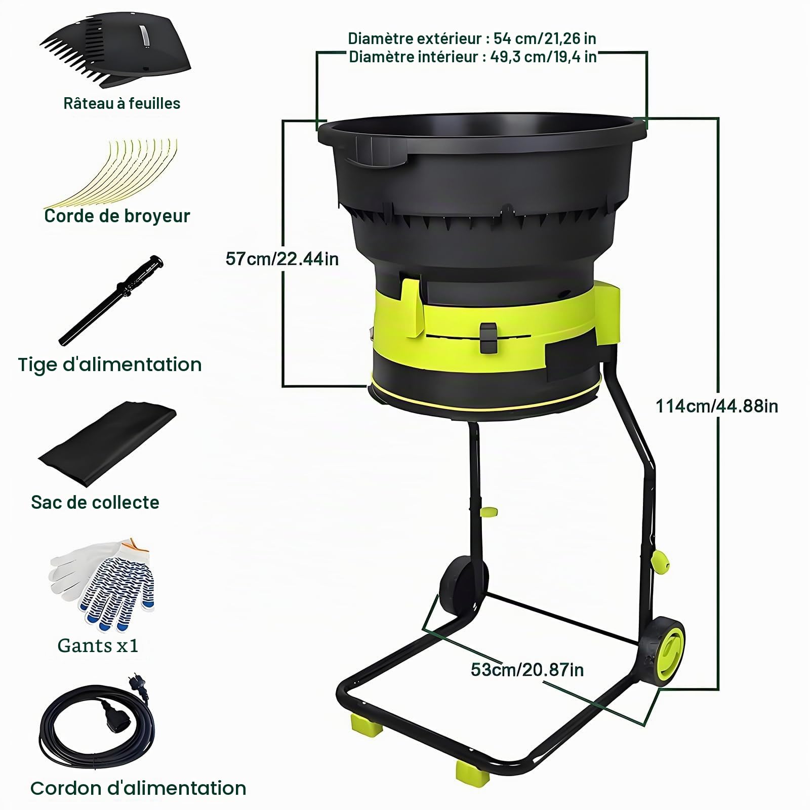 2500w Broyeur à Feuilles électrique Broyeur De Compost Broyeur De Branches Hachoir à Feuilles Broyeur De Feuilles De Jardin,Diamètre De L'entonnoir 54 Cm pour Nettoyage Cour Nopowercord