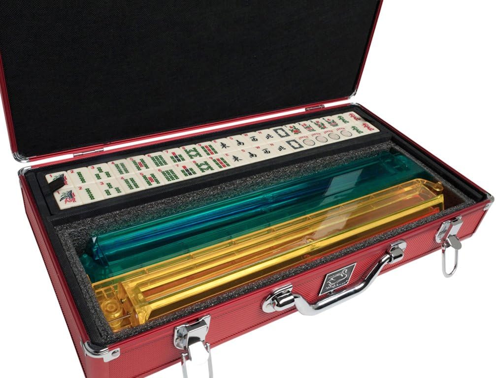 American Mah Jongg Set by White Swan – 166 Ivory Colored Engraved Tiles – 4 x All-in-One Rack/Pushers – Aluminum Case - Red
