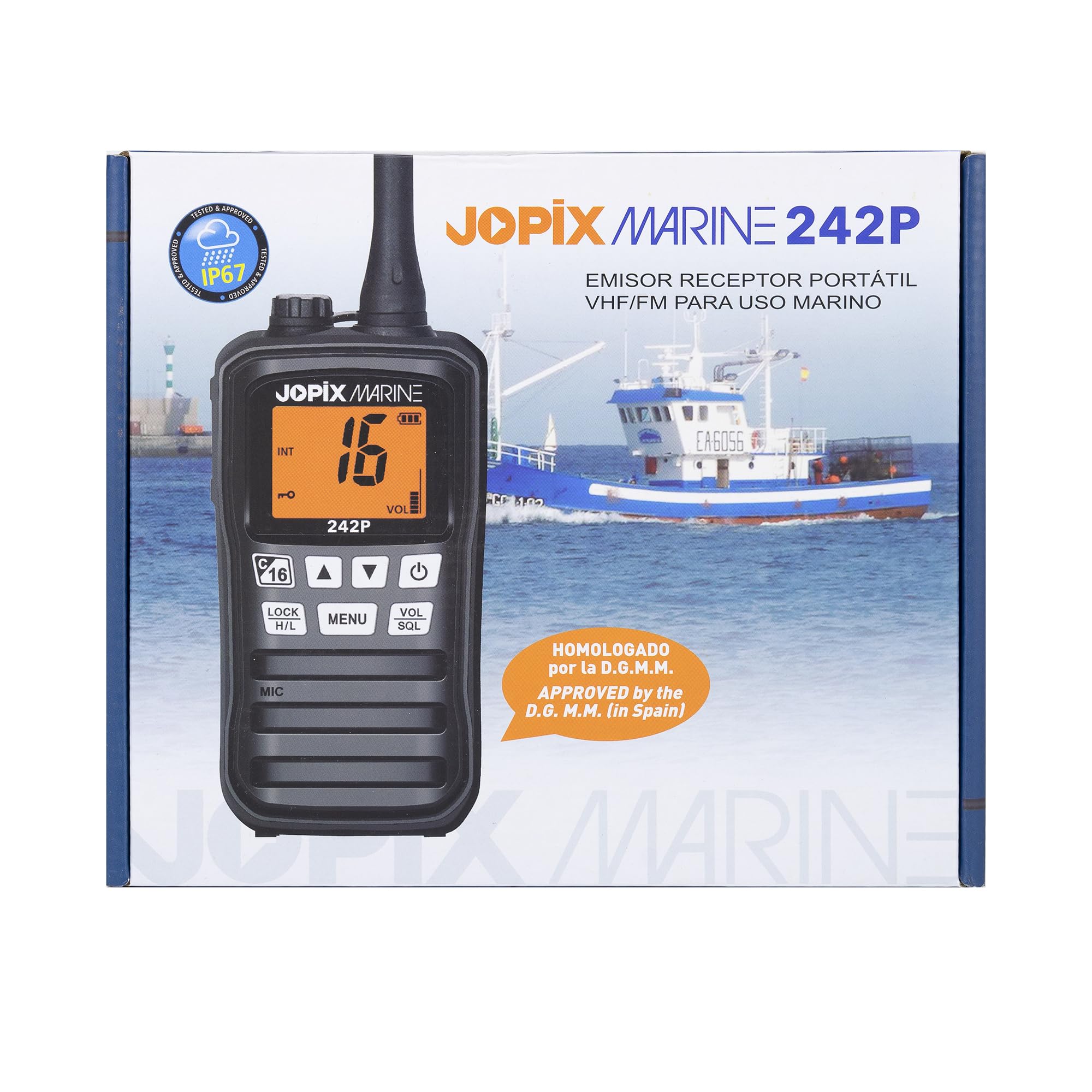 Jopix Marine 242P Talkie-Walkie VHF Maritime Flottant – Étanche IP67, Triple Veille, Canal 16 Direct, Chargement USB et Allume-Cigare, Ultra-Léger