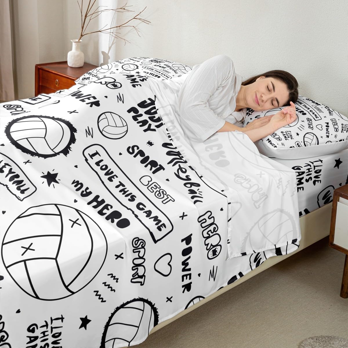 jejeloiu Volleyball Bed Sheets Sports Theme Bedding Sheet 3D Ball Bedding Set for Boys Girls Children Teens Bedroom Decor Competitive Games White Black Bed Sheet Set Queen Size with 2 Pillow Case