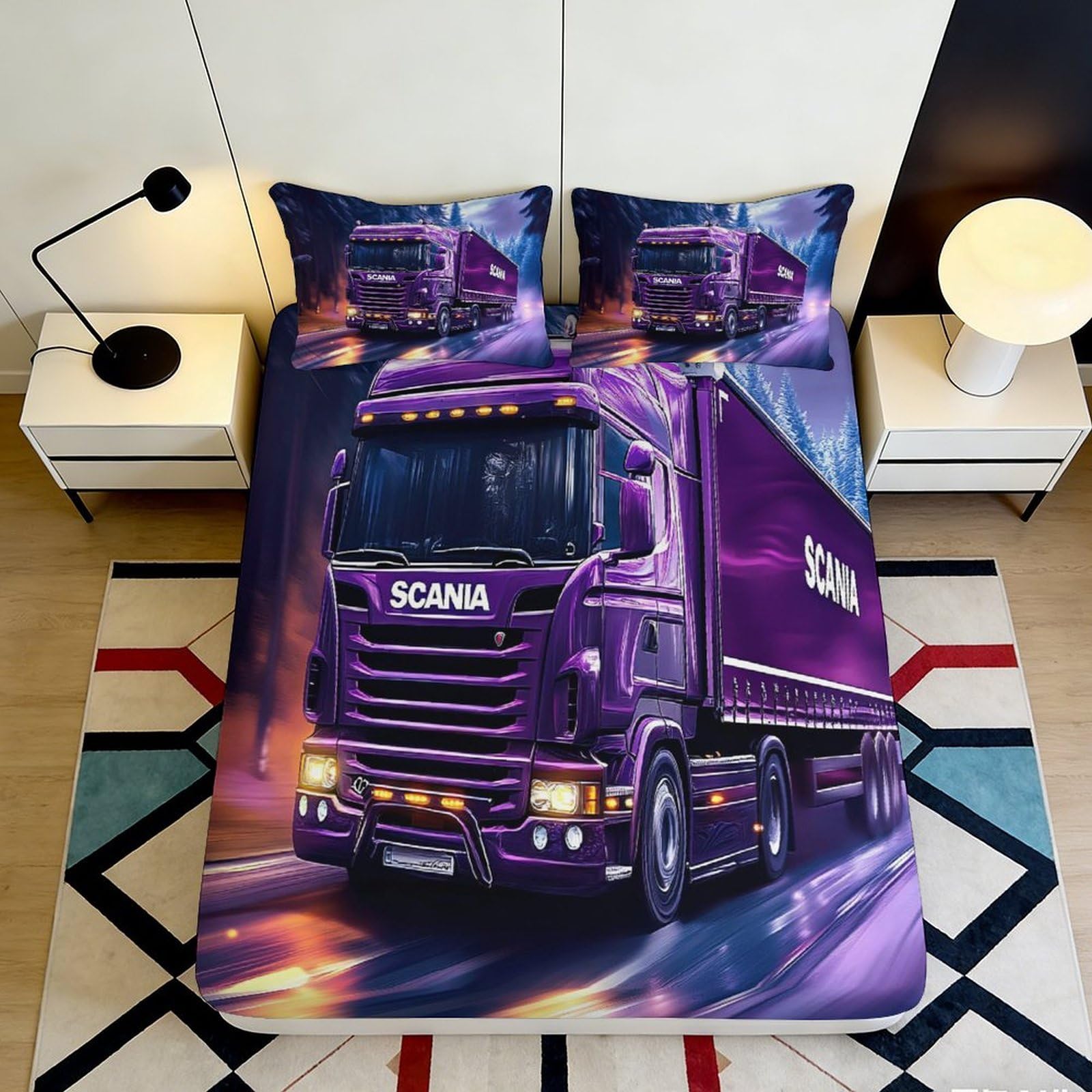 3D Printed Purple Truck Fitted Sheet Microfiber Soft Breathable Highway Night Mattress Cover for Bedroom Dorm Decor 90x200x25cm