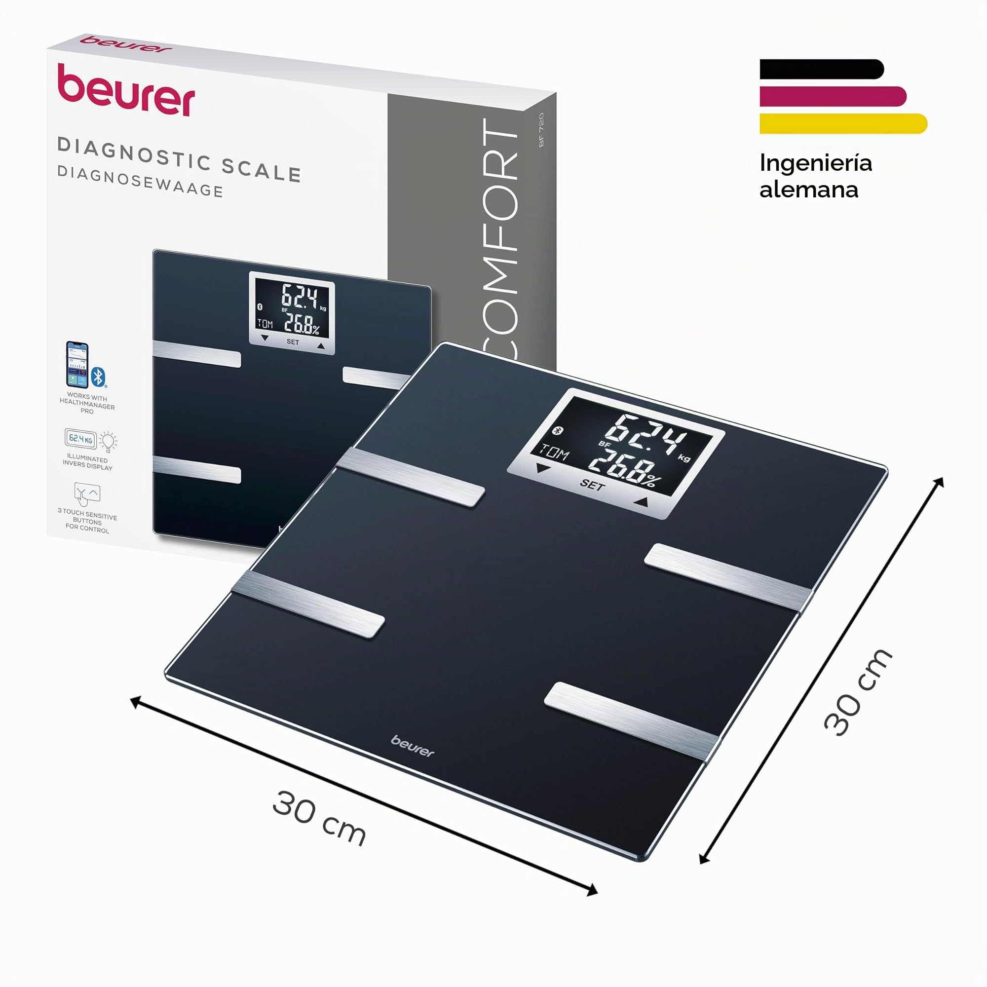 Beurer BF 720 Báscula diagnóstica con conexión Bluetooth(R) para la app del móvil, determinación del peso corporal, la grasa corporal, el porcentaje muscular y la necesidad de calorías AMR/BMR