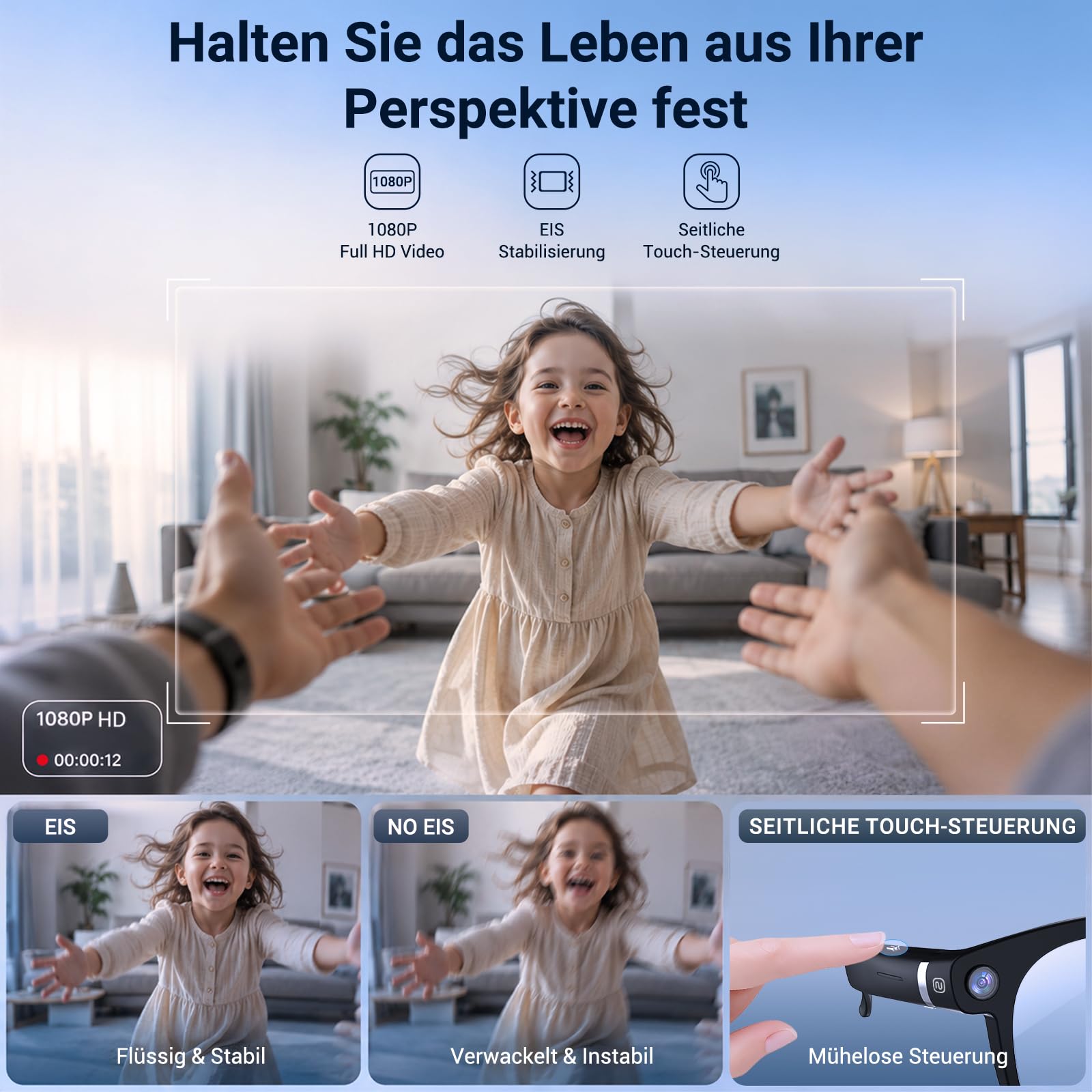 KI Brille mit Kamera, 8MP Kamera, 1080P HD Videoaufnahme mit EIS, Open-Ear Audio, ChatGPT KI, Echtzeitübersetzung, Objekterkennung, selbsttönende Brillengläser mit Blaulicht- und UV-Schutz