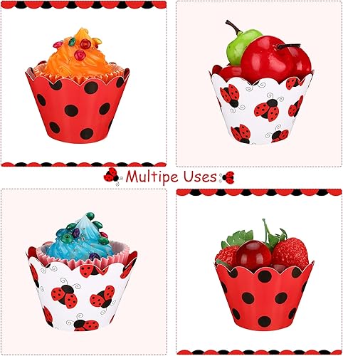 Miniatura 4 de 48 envoltorios de cupcakes con patrón de mariquita, envoltorios reversibles de lunares para tartas, envoltorios festoneados para tartas, envoltorios
