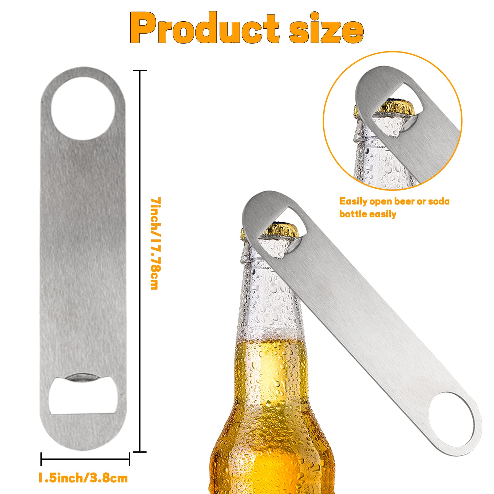 30 abrebotellas plano de acero inoxidable de 7 pulgadas, abridor de botellas de cerveza de acero inoxidable resistente, hoja de barra sólida, abridor de botellas divertido de camarero para