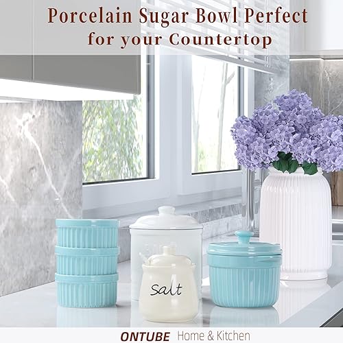 Miniatura 6 de ONTUBE Tazón de sal de cerámica con tapa y cuchara 12oz (beige)