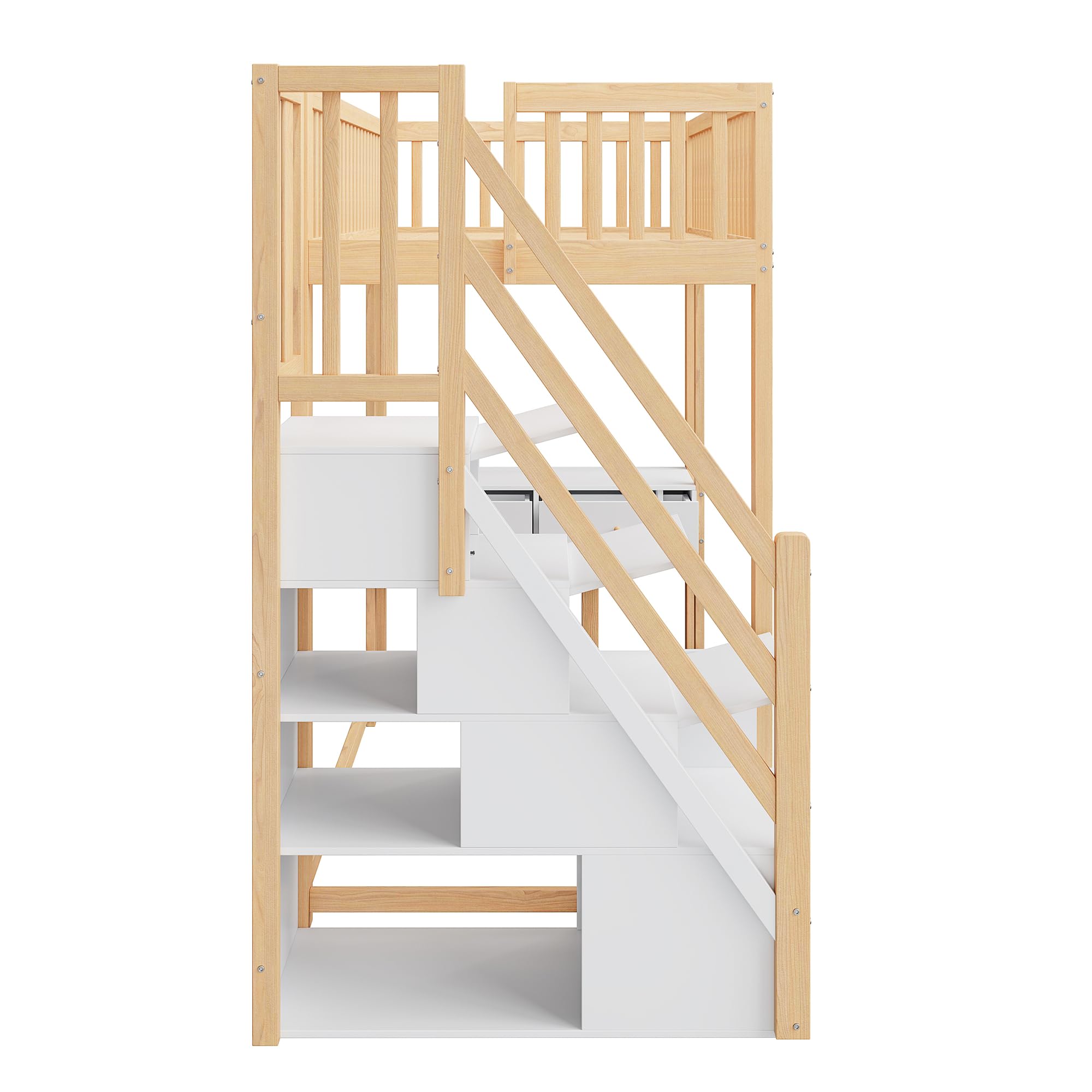 Merax Hochbett 90x200 cm mit Schreibtisch, Multifunktionales Hochbett für 1 Person mit Treppenregal, Weiß und Holz (ohne Matratze)