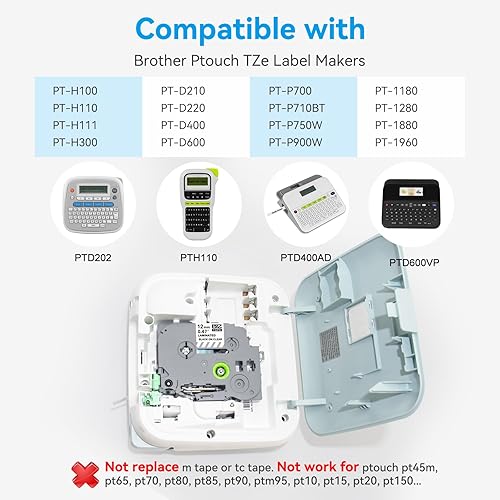 Miniatura 2 de Paquete de 5 cintas de color laminadas de 0.019 in, compatibles con Brother P Touch TZe-131, 132, 133, 232, 233, 0.47 (negroRdazul sobre