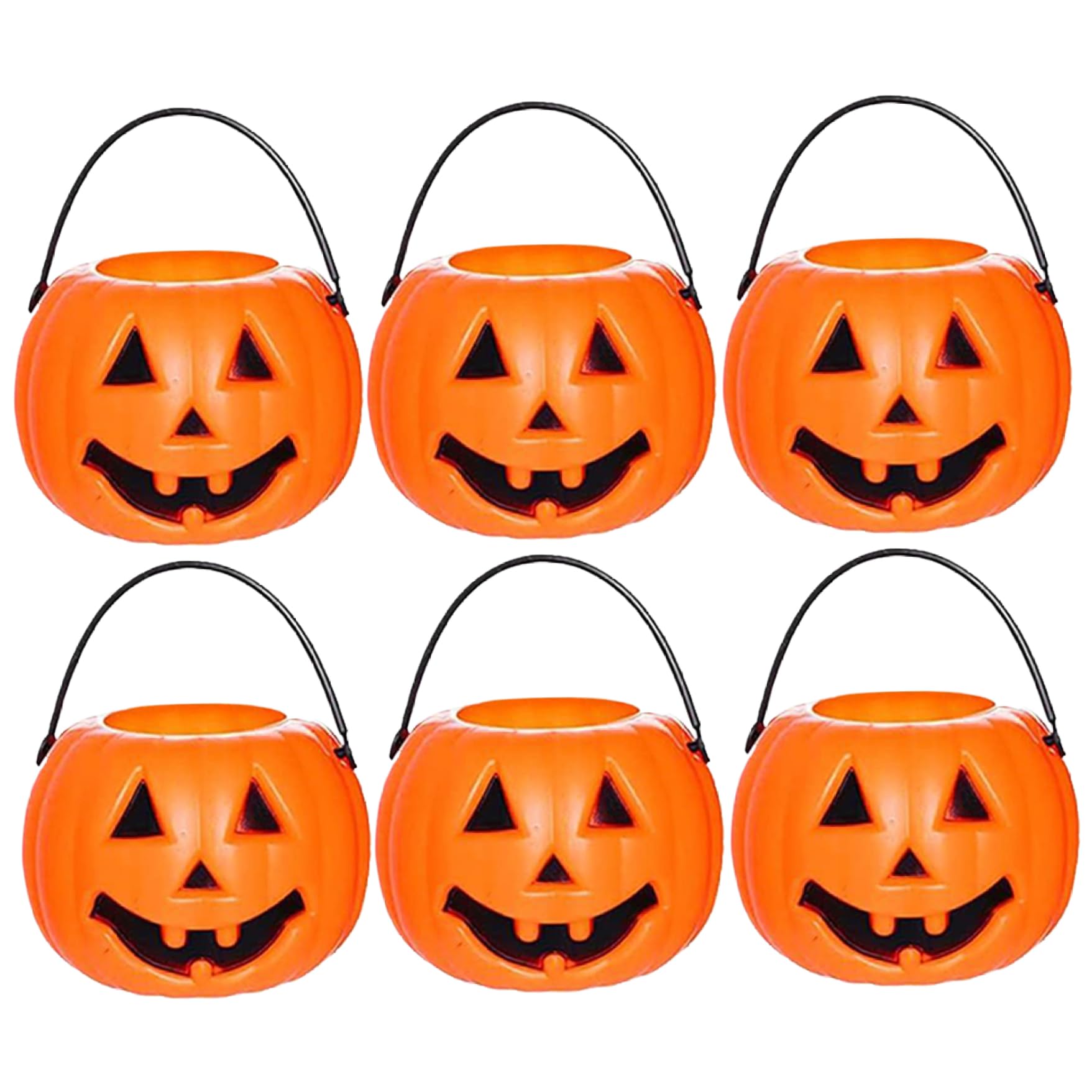Pesoncarl 6Pcs Halloween Pumpkin Bucket Devil Smile Pumpkin Candy Bucket Plastic Halloween Candy Holder with Handle Trick or Treats for Decorations, Style 1, Creepy