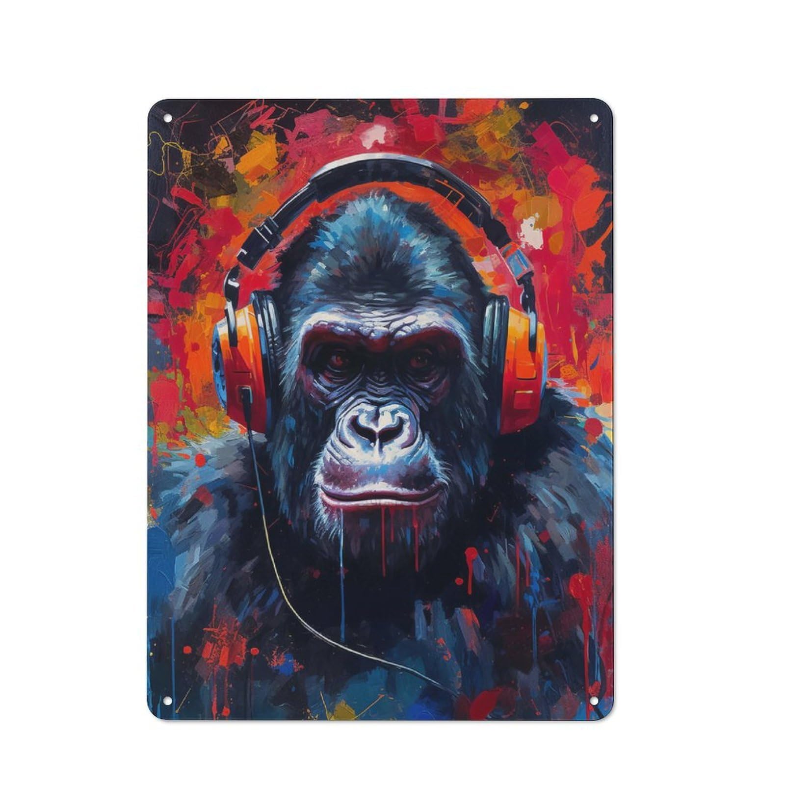 Distressed Look Metal Wall Art Sign 40x30cm Featuring Gorilla with Headphones, Old Style Wall Plaque for Lounge, Study, Pub Or Wall Gallery