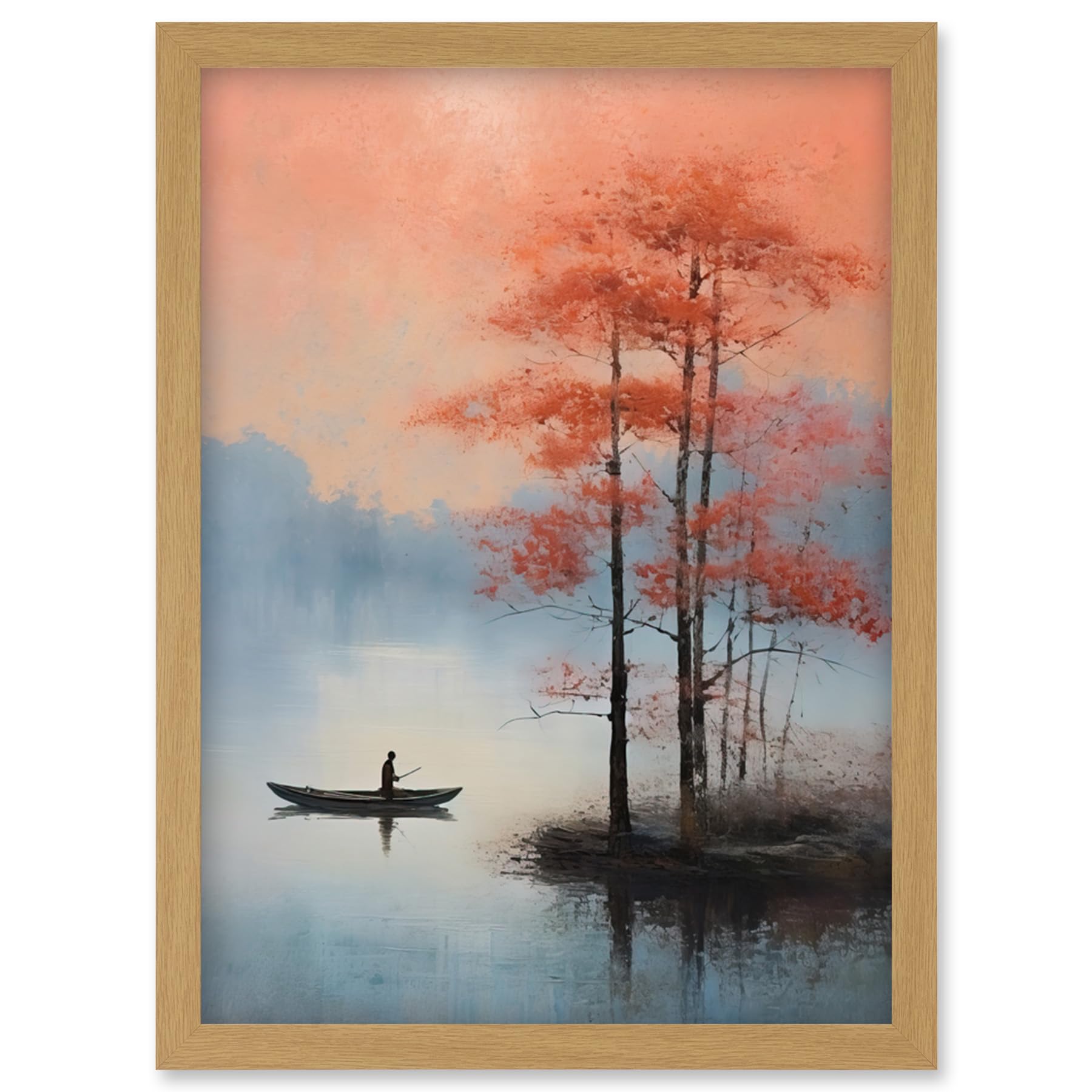 Artery8 Canoe Boat on Misty Lake Oil Painting Landscape Blue Pink Blossom Tree Early Morning Artwork Framed Wall Art Print A4