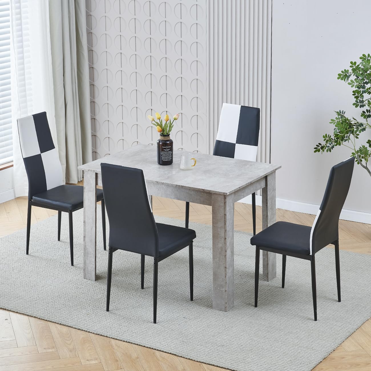 Homullel 110cm Dining Table and 4 Chairs, 4 Seater Kitchen Table and Chairs Set for Space Saving, Compact Dining Room Set for 4, 110x70 cm, Wooden, Beton Grey (4 Seaters, Faux Leather Checker) โ image 1