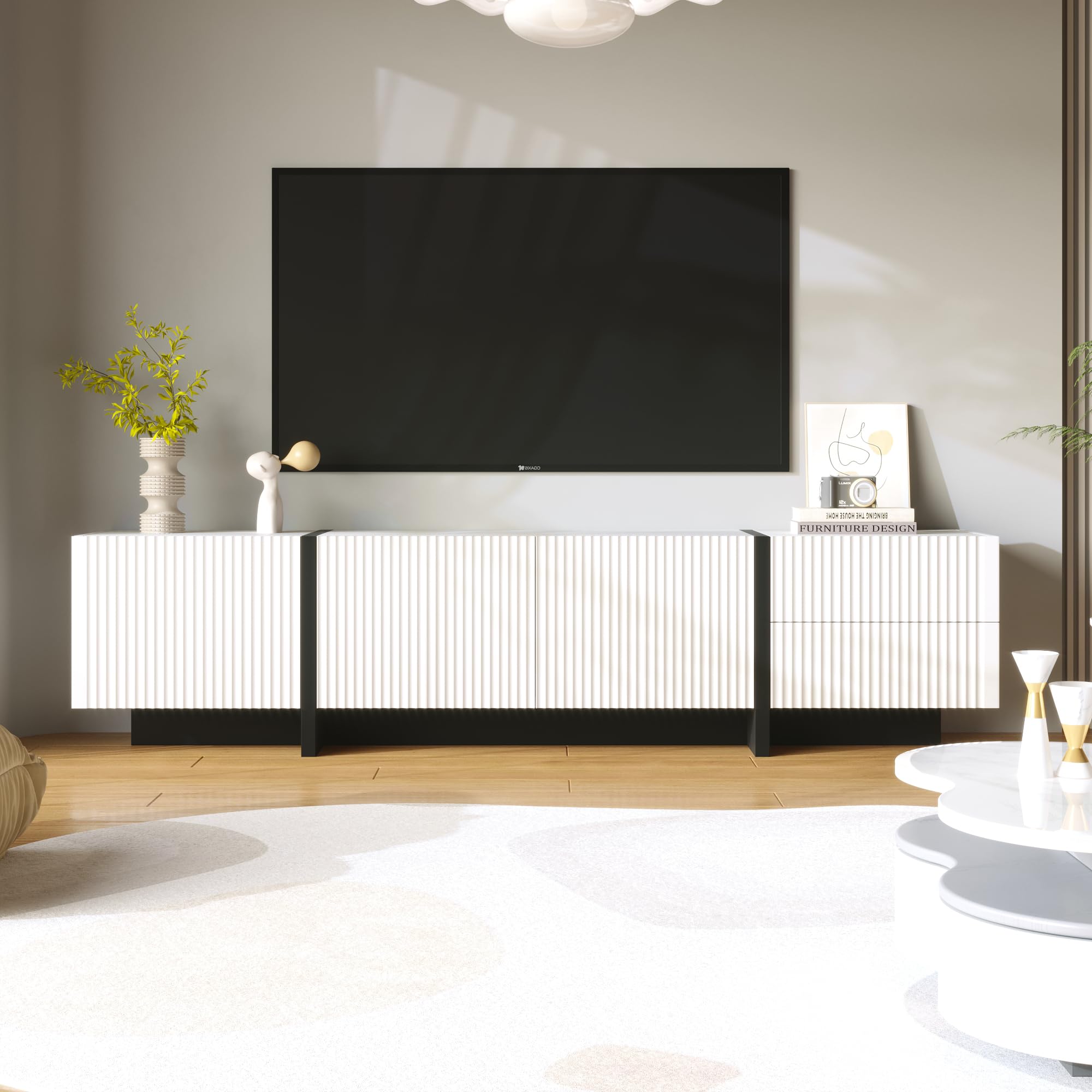 ModernLuxe TV Units for Living Room, Elegant TV Cabinet with 3 Doors and 2 Drawers, Ample Storage Space with Soft-Close Hinges, Simple Modern Design, Black and White, 190x35x45cm
