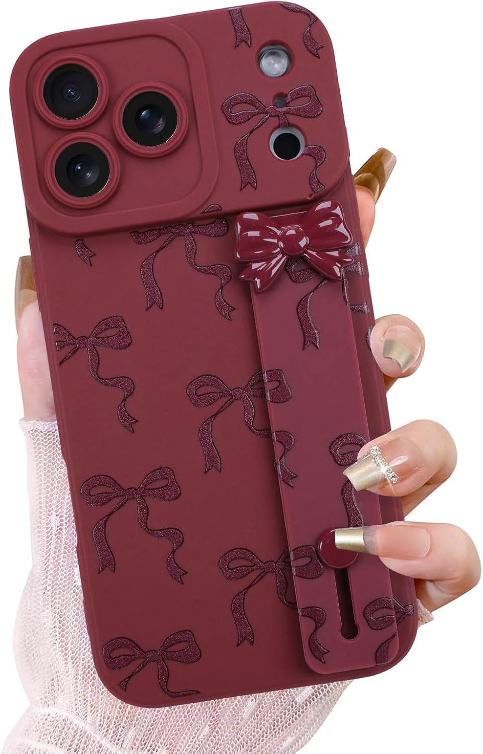 OOK Case for iPhone 17 Pro Max Case with Screen Protector, Cute Bow Design with Adjustable Wristband Strap Kickstand Slim Soft TPU Rubber for Women Girls Phone Cover-Wine Red