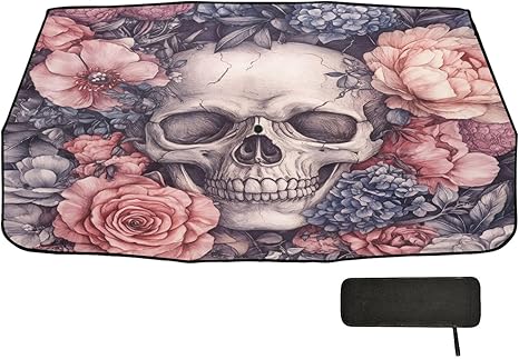 Kigai Sugar Skull Car Windshield Sunshade Umbrella Foldable Front Window Sun Shade Cover Car Sun Visor Heat Protector Blocks UV Rays Keeps Vehicle Cool, 58x29.7 inch