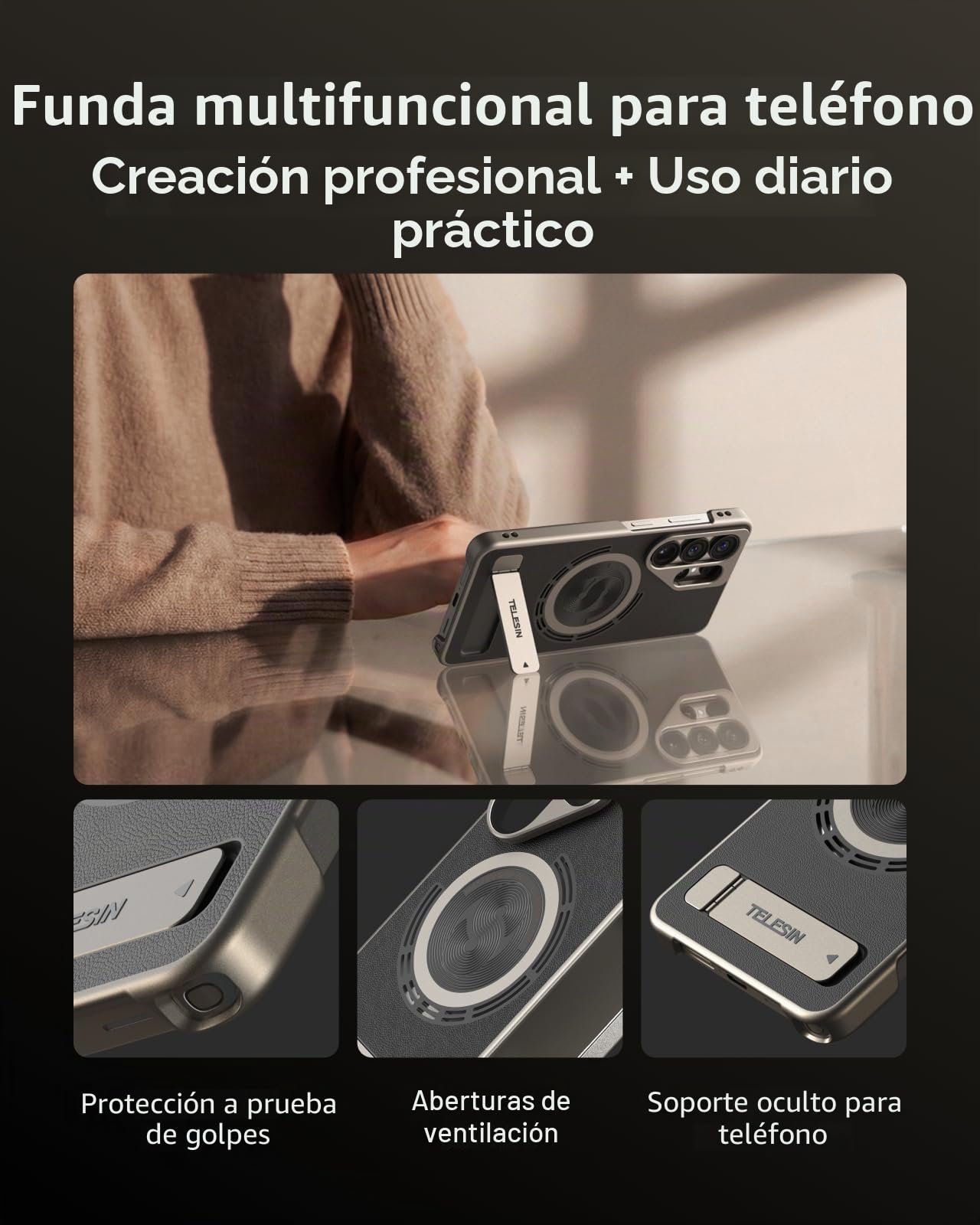 TELESIN Kit Grip Magnético Master para Samsung Galaxy S26 Ultra, Grip Cámara con Batería 3200mAh, Filtro ND16, Flash 10X con Pre-Flash y LED, Carga Inalámbrica, Empuñadura Estilo DSLR