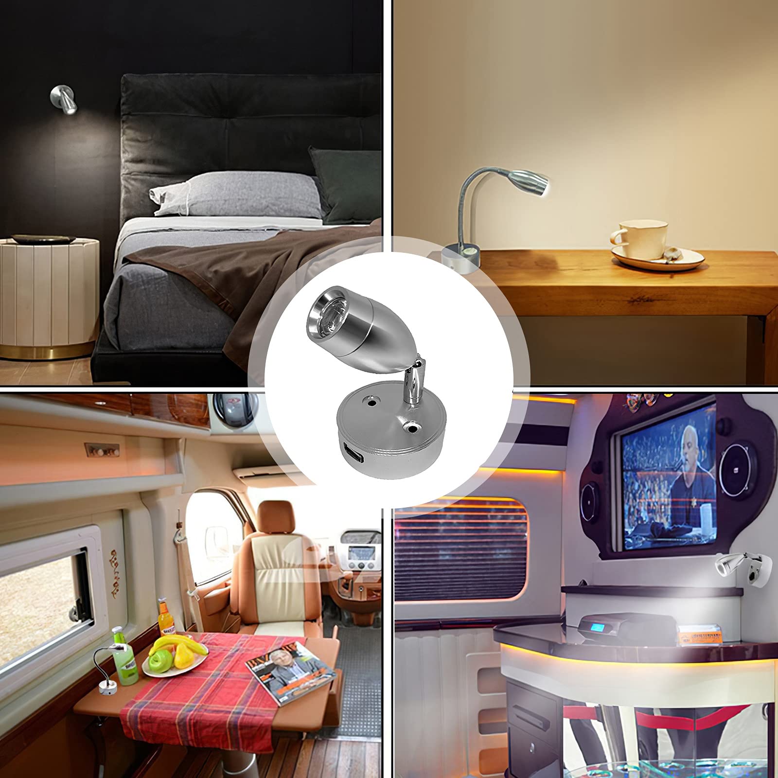 4 luces LED de 12 V para lectura de puntos interiores con puerto de alimentación USB, control táctil y cabezal ajustable para furgoneta, caravana, barco, RV, bombillas para coche (blanco cálido)