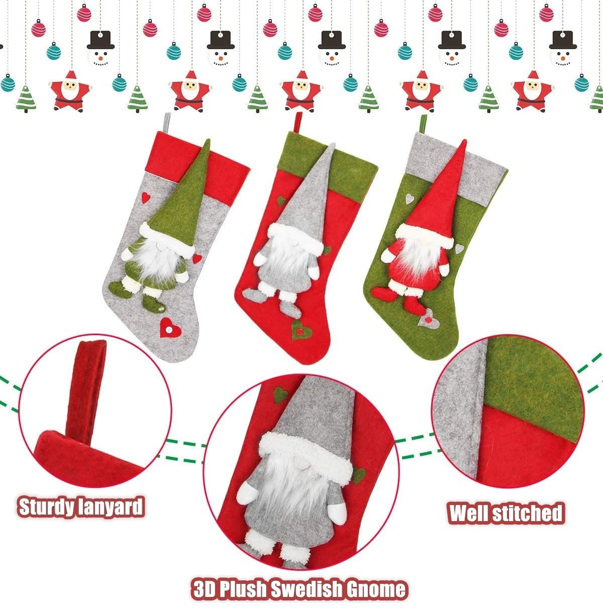 Calze Di Natale Con Gnomo 3D - 3 Pezzi 46cm, Per Camino O Albero, Decorazione Festiva