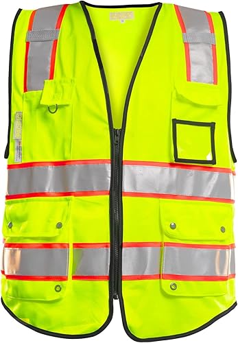 PACIFIC PPE Chaleco de seguridad frontal con cremallera de alta visibilidad con tiras reflectantes, cumple con el estándar ANSIISEA, grande, amarillo