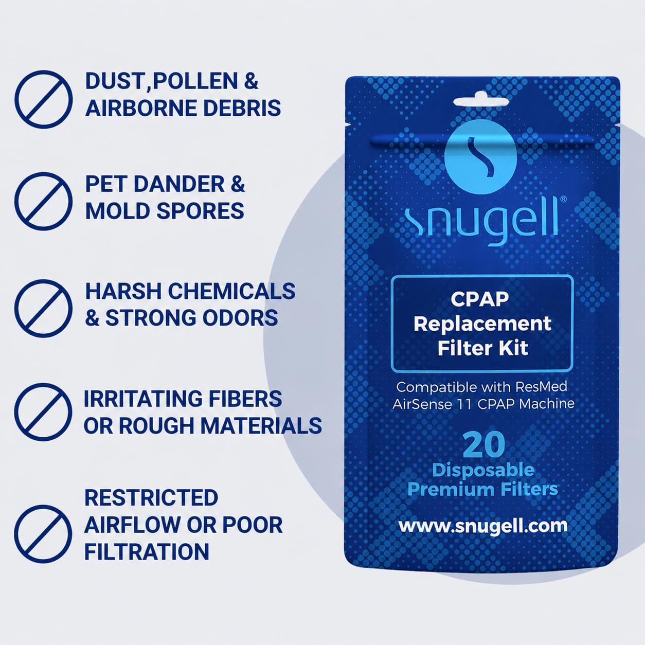 Snugell Disposable CPAP Filters – Compatible with AirSense 11 Machines – 20 -Pack – Travel-Friendly Design, and Easy Installation for Home and Travel Use